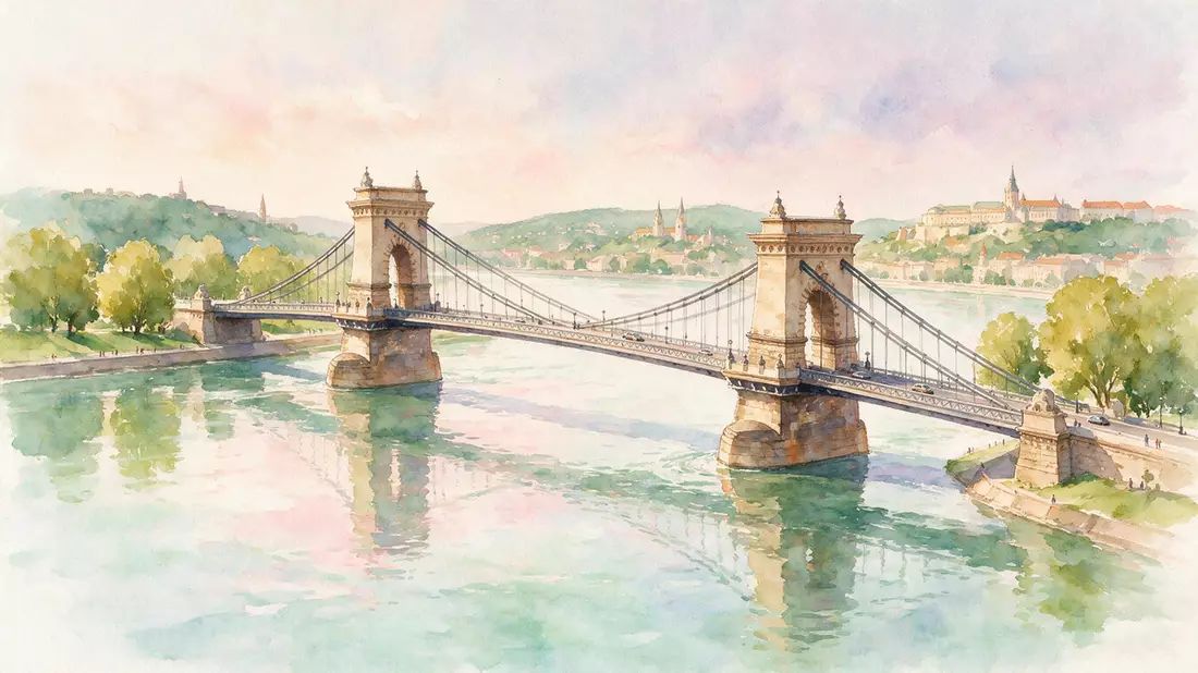 Aquarell-Illustration von Kettenbrücke Budapest in Budapest, Ungarn als Reiseposter