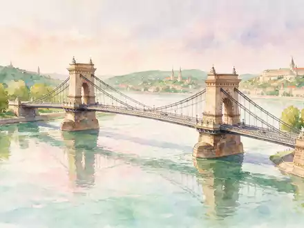 Aquarellillustration des Wahrzeichens Kettenbrücke Budapest in Budapest Ungarn, weiche Farbverläufe und pastelliges Reiseposter-Feeling - Foto: THN