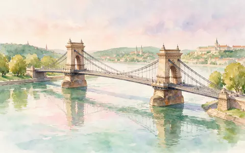 Aquarellillustration des Wahrzeichens Kettenbrücke Budapest in Budapest Ungarn, weiche Farbverläufe und pastelliges Reiseposter-Feeling - Foto: THN
