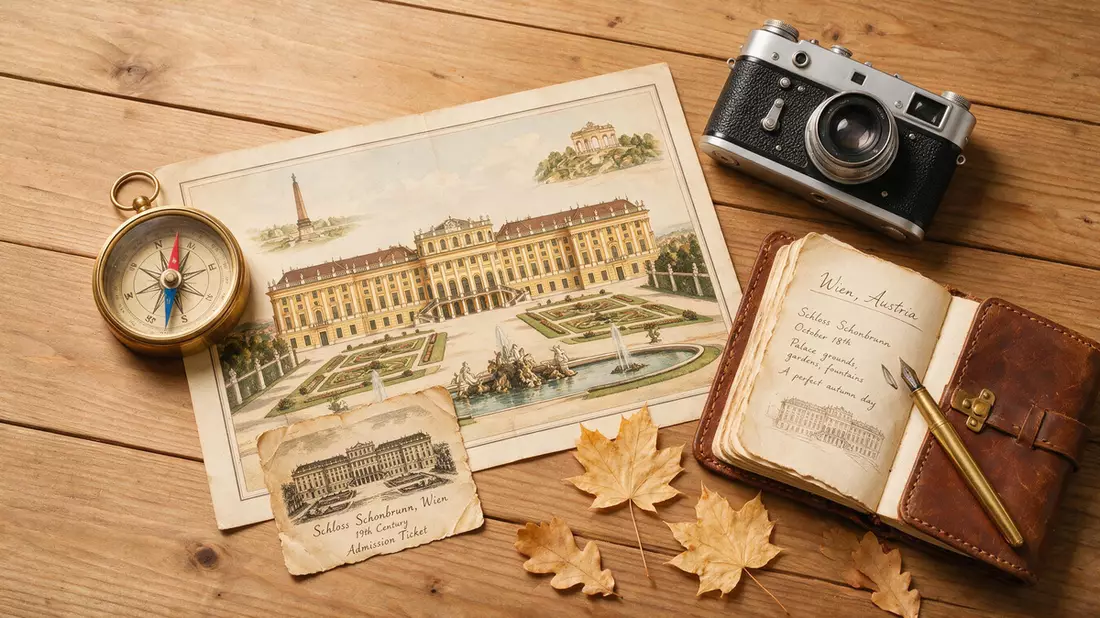 Flatlay-Reise-Arrangement rund um Schloss Schönbrunn Wien in Wien, Österreich