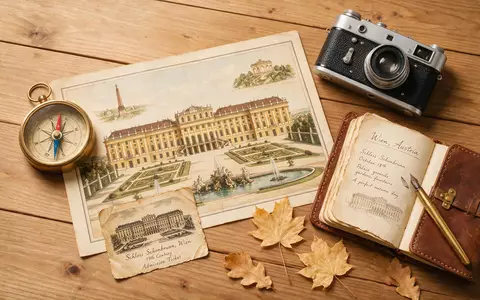 Flatlay-Reise-Arrangement rund um Schloss Schönbrunn Wien in Wien Österreich, Karte Kompass Kamera und generische Reiserequisiten - Foto: THN