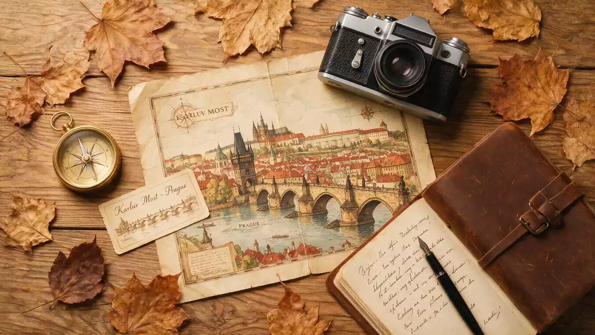 Flatlay-Reise-Arrangement rund um Karlsbrücke Prag in Prag, Tschechien
