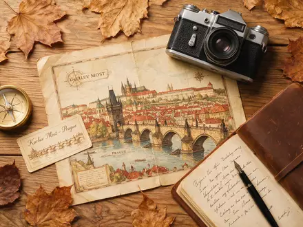 Flatlay-Reise-Arrangement rund um Karlsbrücke Prag in Prag Tschechien, Karte Kompass Kamera und generische Reiserequisiten - Foto: THN