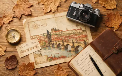 Flatlay-Reise-Arrangement rund um Karlsbrücke Prag in Prag Tschechien, Karte Kompass Kamera und generische Reiserequisiten - Foto: THN