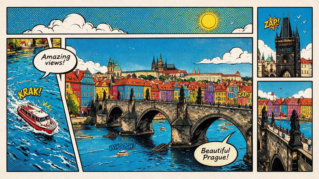 Pop-Art-Comic von Karlsbrücke Prag in Prag, Tschechien mit Rasterpunkten
