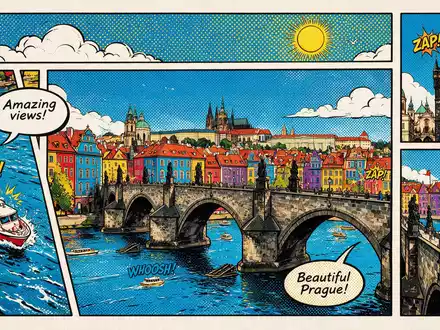 Pop-Art-Comicillustration des Wahrzeichens KarlsbrĂŒcke Prag in Prag Tschechien, kraeftige Konturen Rasterpunkte und satte Farben - Foto: THN