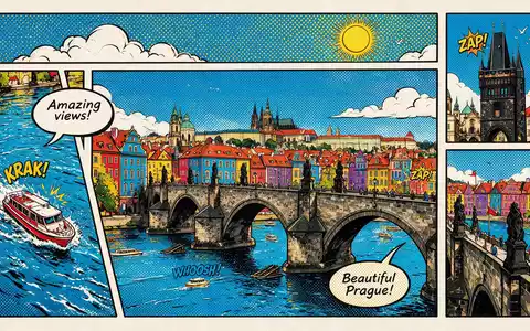 Pop-Art-Comicillustration des Wahrzeichens Karlsbrücke Prag in Prag Tschechien, kraeftige Konturen Rasterpunkte und satte Farben - Foto: THN