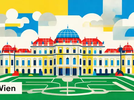Bauhaus-Poster als geometrische Abstraktion von Schloss Belvedere Wien in Wien Österreich, kraeftige Grundfarben und harte - Foto: THN