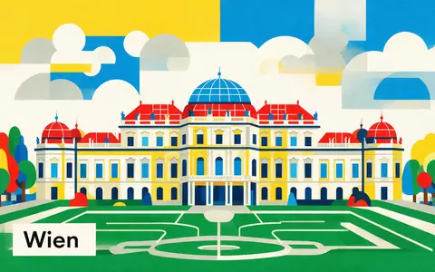 Bauhaus-Poster als geometrische Abstraktion von Schloss Belvedere Wien in Wien Österreich, kraeftige Grundfarben und harte - Foto: THN