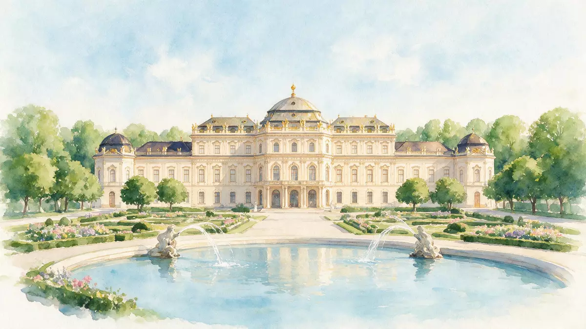 Aquarell-Illustration von Schloss Belvedere Wien in Wien, Österreich als Reiseposter