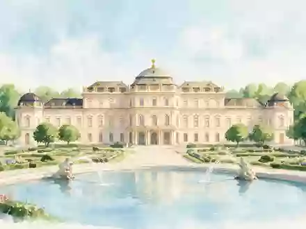 Aquarellillustration des Wahrzeichens Schloss Belvedere Wien in Wien Österreich, weiche Farbverläufe und pastelliges Reiseposter-Feeling - Foto: THN