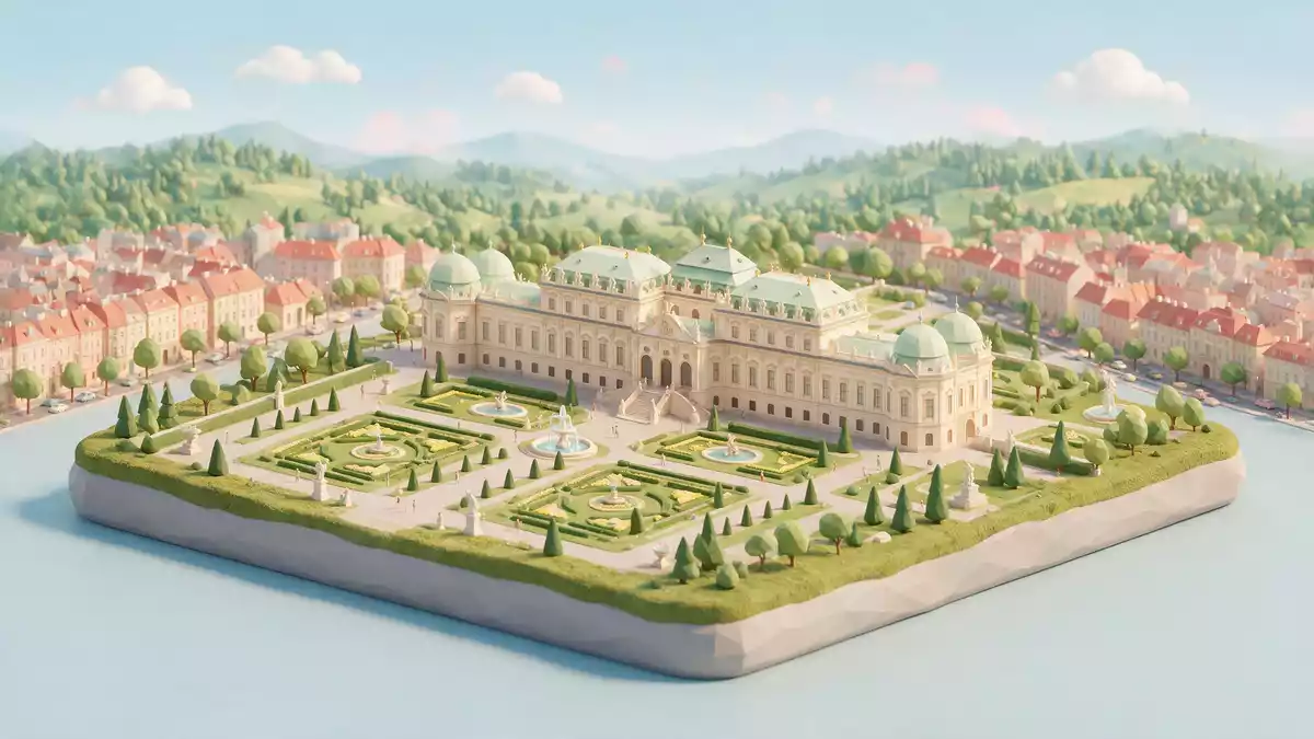Isometrisches Diorama von Schloss Belvedere Wien in Wien, Österreich in Pastell