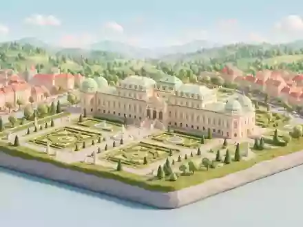 Isometrisches Diorama von Schloss Belvedere Wien und Umgebung in Wien Österreich, verspielte Low-Poly-Kulisse in Pastellfarben - Foto: THN