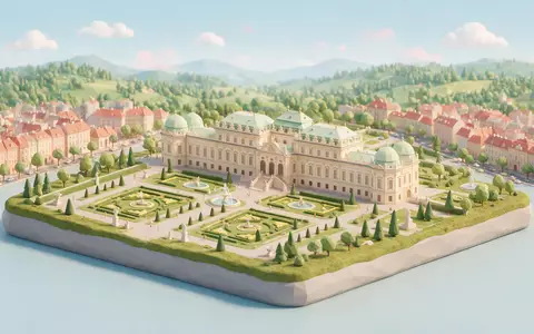 Isometrisches Diorama von Schloss Belvedere Wien und Umgebung in Wien Österreich, verspielte Low-Poly-Kulisse in Pastellfarben - Foto: THN