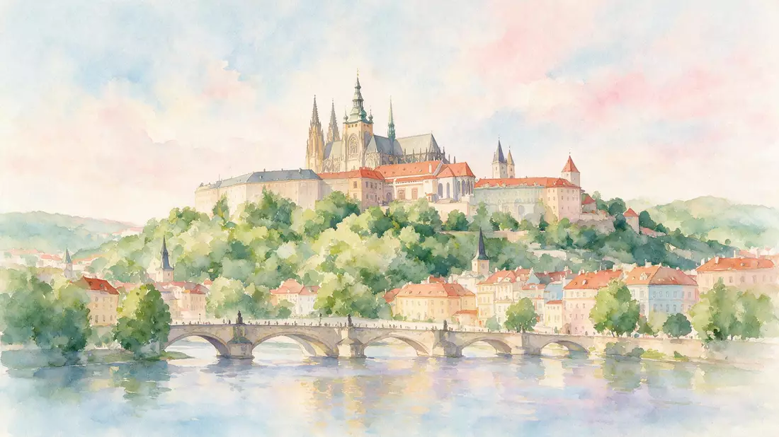 Aquarell-Illustration von Prager Burg in Prag, Tschechien als Reiseposter