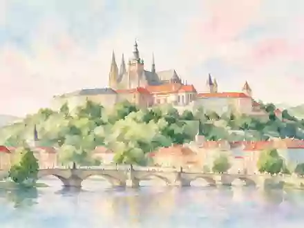 Aquarellillustration des Wahrzeichens Prager Burg in Prag Tschechien, weiche Farbverläufe und pastelliges Reiseposter-Feeling - Foto: THN