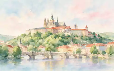 Aquarellillustration des Wahrzeichens Prager Burg in Prag Tschechien, weiche Farbverläufe und pastelliges Reiseposter-Feeling - Foto: THN