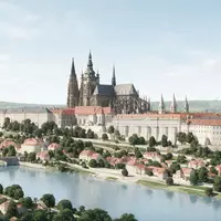 Moderner Architektur-Render zeigt Silhouette von Prager Burg in Prag Tschechien, klare Linien und neutrales Tageslicht - Foto: THN
