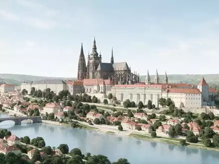 Moderner Architektur-Render zeigt Silhouette von Prager Burg in Prag Tschechien, klare Linien und neutrales Tageslicht - Foto: THN