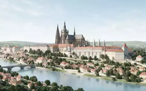 Moderner Architektur-Render zeigt Silhouette von Prager Burg in Prag Tschechien, klare Linien und neutrales Tageslicht - Foto: THN