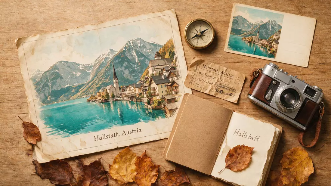 Flatlay-Reise-Arrangement rund um Hallstatt in Hallstatt, Österreich
