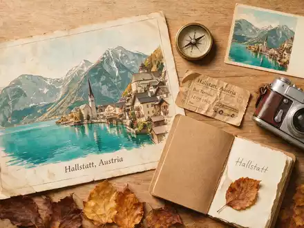 Flatlay-Reise-Arrangement rund um Hallstatt in Hallstatt Ă–sterreich, Karte Kompass Kamera und generische Reiserequisiten - Foto: THN