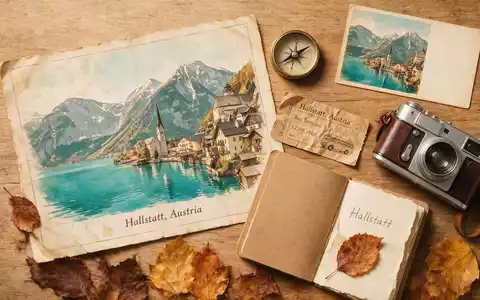 Flatlay-Reise-Arrangement rund um Hallstatt in Hallstatt Österreich, Karte Kompass Kamera und generische Reiserequisiten - Foto: THN