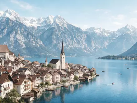 Moderner Architektur-Render zeigt Silhouette von Hallstatt in Hallstatt Österreich, klare Linien und neutrales Tageslicht - Foto: THN