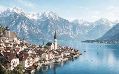 Moderner Architektur-Render zeigt Silhouette von Hallstatt in Hallstatt Österreich, klare Linien und neutrales Tageslicht - Foto: THN