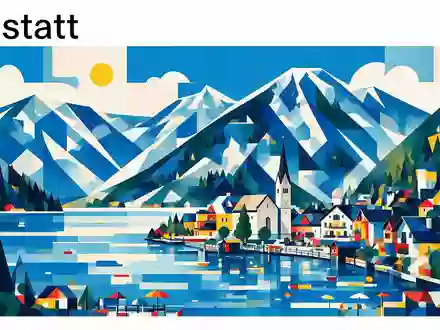 Bauhaus-Poster als geometrische Abstraktion von Hallstatt in Hallstatt Österreich, kraeftige Grundfarben und harte Formkanten - Foto: THN