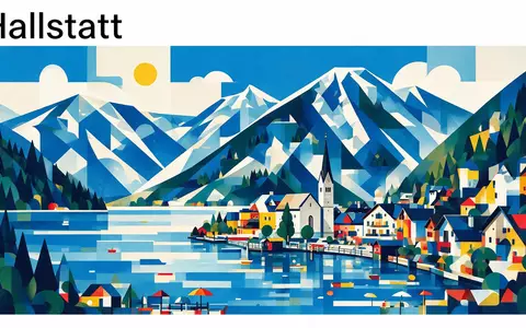 Bauhaus-Poster als geometrische Abstraktion von Hallstatt in Hallstatt Österreich, kraeftige Grundfarben und harte Formkanten - Foto: THN