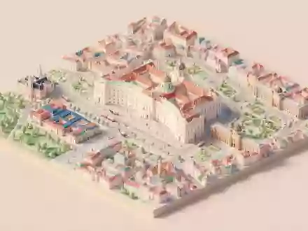 Isometrisches Diorama von Hofburg Wien und Umgebung in Wien Österreich, verspielte Low-Poly-Kulisse in Pastellfarben - Foto: THN