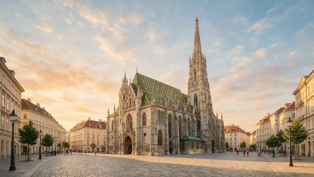 Fotorealistische Ansicht von Stephansdom Wien in Wien, Österreich im Abendlicht