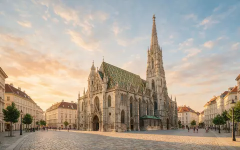 Fotorealistische Panoramaaufnahme von Stephansdom Wien in Wien Österreich, warmes Abendlicht auf Wahrzeichen - Foto: THN