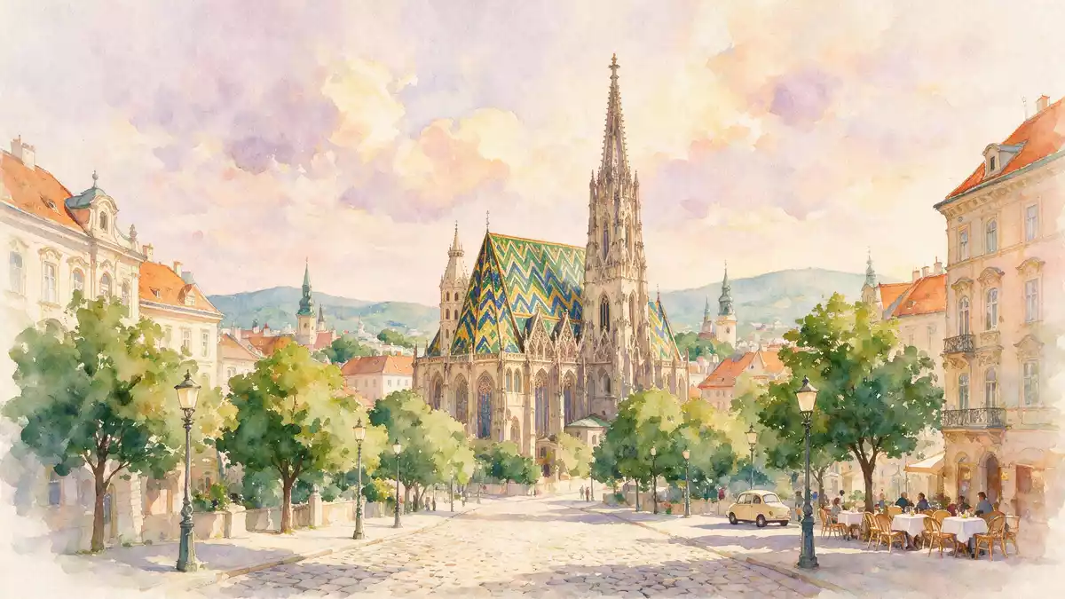 Aquarell-Illustration von Stephansdom Wien in Wien, Österreich als Reiseposter