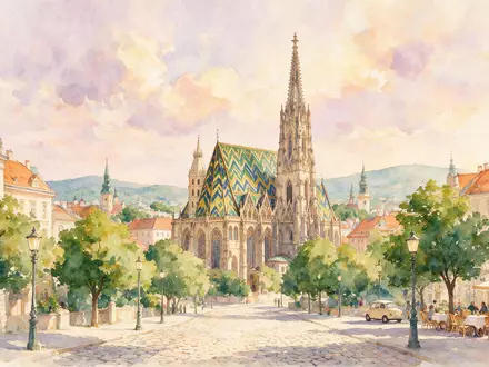 Aquarellillustration des Wahrzeichens Stephansdom Wien in Wien Österreich, weiche Farbverläufe und pastelliges Reiseposter-Feeling - Foto: THN