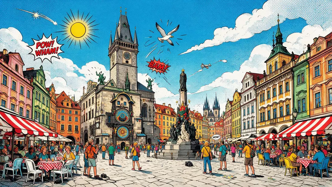Pop-Art-Comic von Altstädter Ring Prag in Prag, Tschechien mit Rasterpunkten