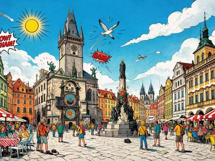 Pop-Art-Comicillustration des Wahrzeichens Altstädter Ring Prag in Prag Tschechien, kraeftige Konturen Rasterpunkte und satte Farben - Foto: THN