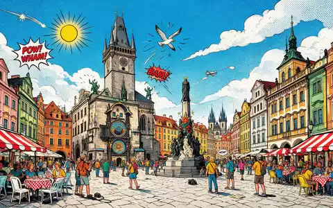 Pop-Art-Comicillustration des Wahrzeichens Altstädter Ring Prag in Prag Tschechien, kraeftige Konturen Rasterpunkte und satte Farben - Foto: THN