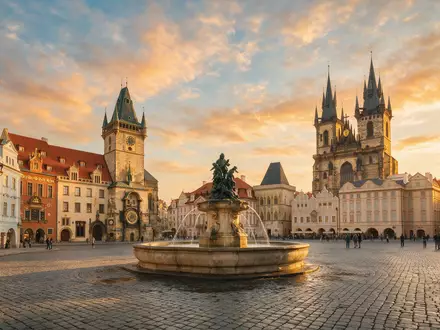 Fotorealistische Panoramaaufnahme von Altstädter Ring Prag in Prag Tschechien, warmes Abendlicht auf Wahrzeichen - Foto: THN
