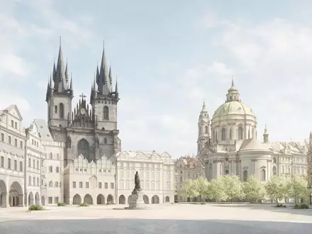 Moderner Architektur-Render zeigt Silhouette von Altstädter Ring Prag in Prag Tschechien, klare Linien und neutrales - Foto: THN