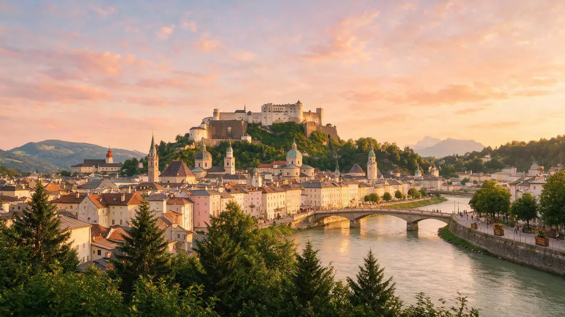 Fotorealistische Ansicht von Altstadt Salzburg in Salzburg, Österreich im Abendlicht