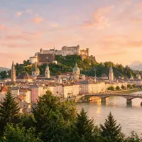Fotorealistische Panoramaaufnahme von Altstadt Salzburg in Salzburg Österreich, warmes Abendlicht auf Wahrzeichen - Foto: THN