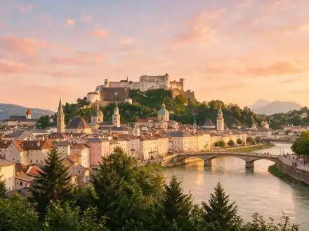 Fotorealistische Panoramaaufnahme von Altstadt Salzburg in Salzburg Österreich, warmes Abendlicht auf Wahrzeichen - Foto: THN