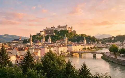 Fotorealistische Panoramaaufnahme von Altstadt Salzburg in Salzburg Österreich, warmes Abendlicht auf Wahrzeichen - Foto: THN