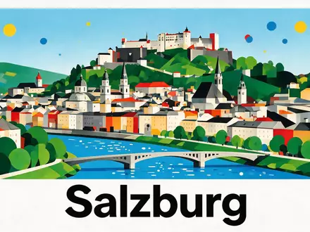 Bauhaus-Poster als geometrische Abstraktion von Altstadt Salzburg in Salzburg Österreich, kraeftige Grundfarben und harte Formkanten - Foto: THN