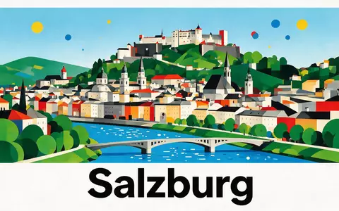 Bauhaus-Poster als geometrische Abstraktion von Altstadt Salzburg in Salzburg Österreich, kraeftige Grundfarben und harte Formkanten - Foto: THN