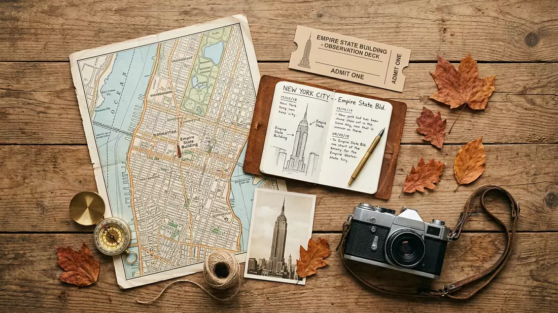 Flatlay-Reise-Arrangement rund um Empire State Building in New York City, USA