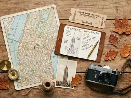 Flatlay-Reise-Arrangement rund um Empire State Building in New York City USA, Karte Kompass Kamera und - Foto: THN