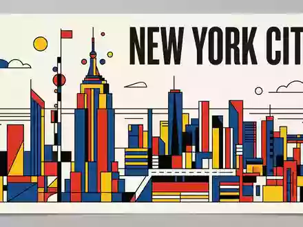 Bauhaus-Poster als geometrische Abstraktion von Empire State Building in New York City USA, kraeftige Grundfarben - Foto: THN